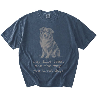 Denim Australian Shepherd Karma T-Shirt laid flat