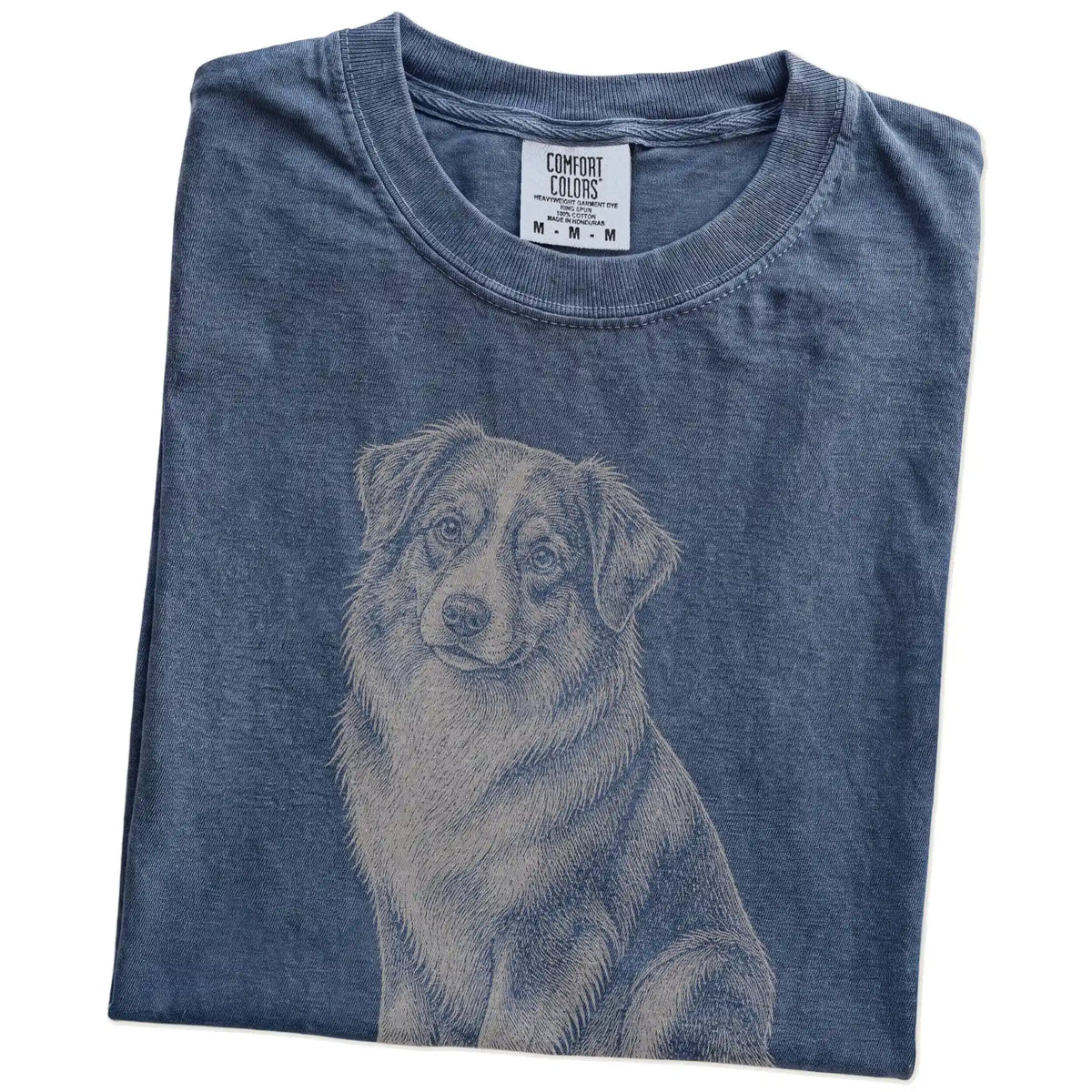 Folded Denim Australian Shepherd Karma T-Shirt showing the graphic