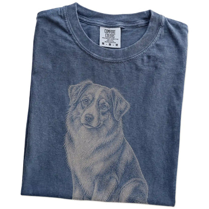 Folded Denim Australian Shepherd Karma T-Shirt showing the graphic