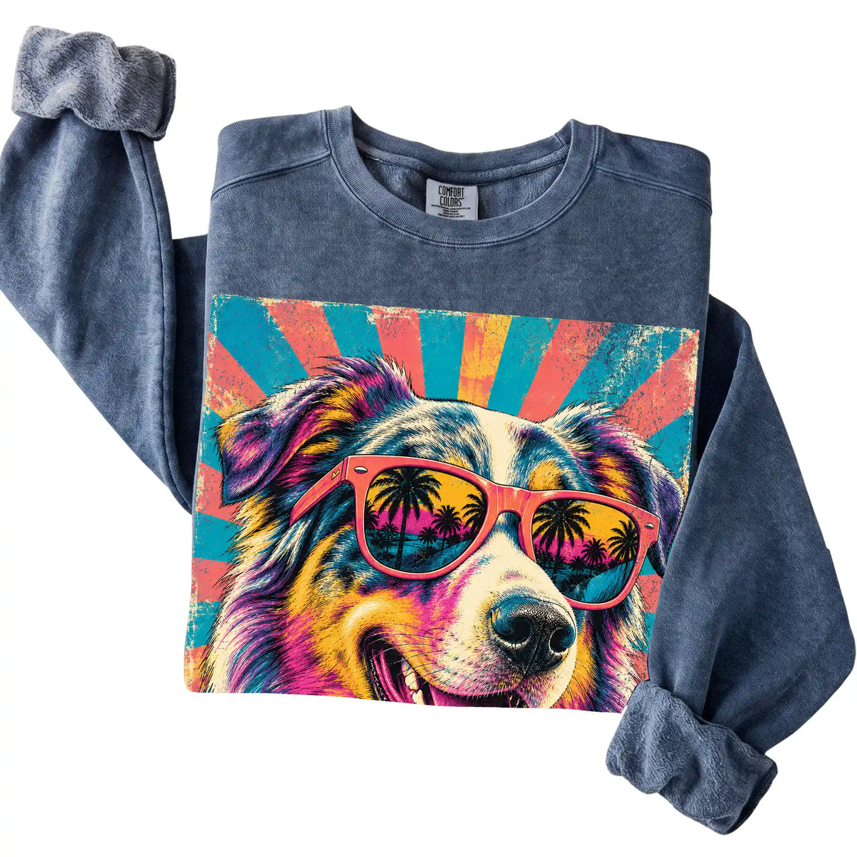 Folded Denim Comfort Colors sweatshirt with a Retro Australian Shepherd Mama design
