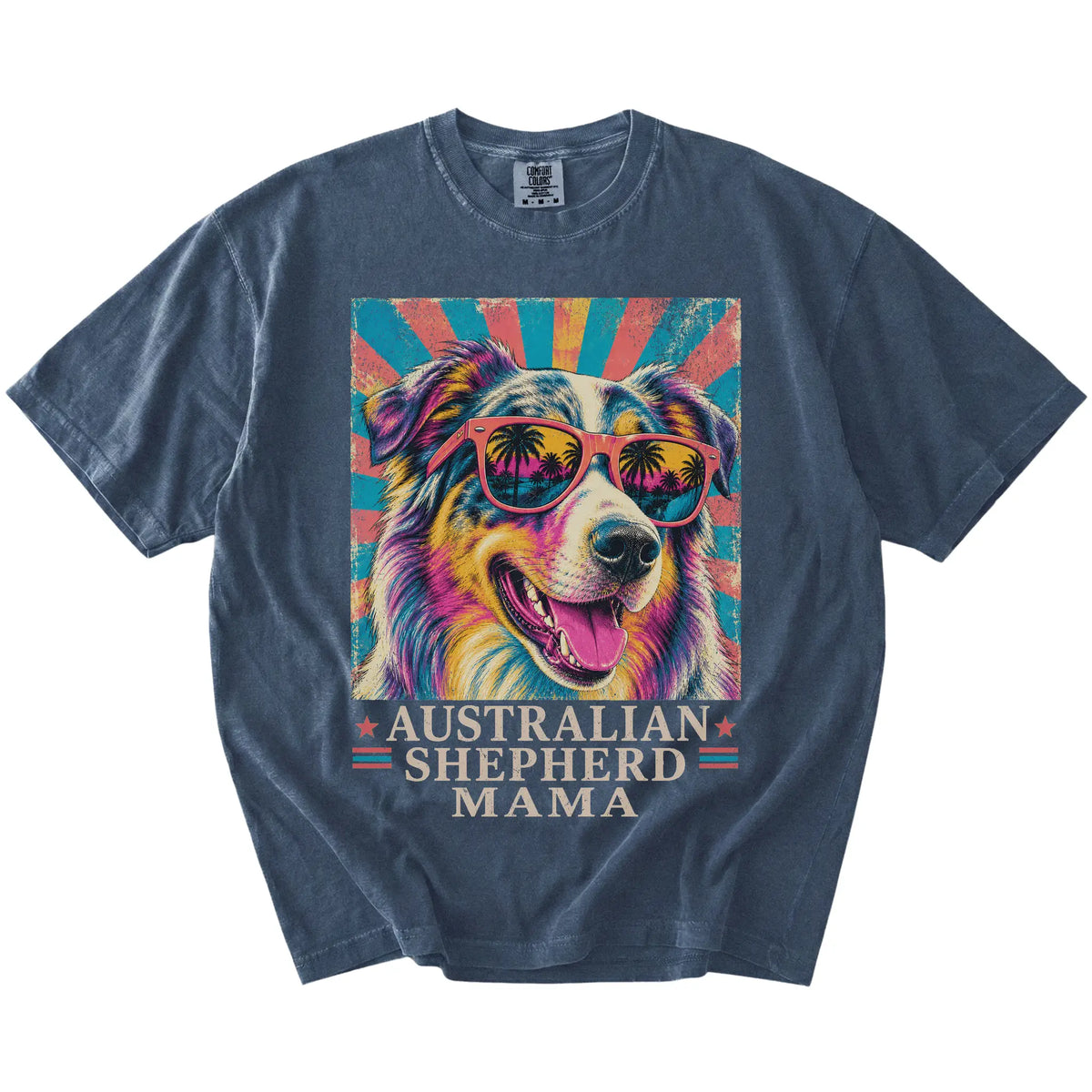 Retro Australian Shepherd Mama design on a Denim Comfort Colors T-shirt