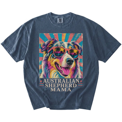 Retro Australian Shepherd Mama design on a Denim Comfort Colors T-shirt