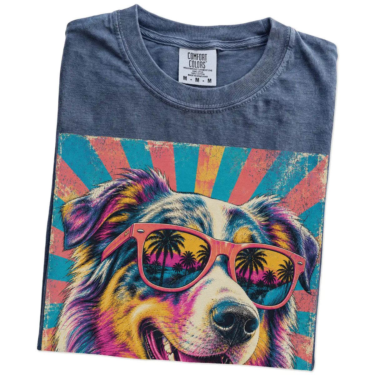 Retro Australian Shepherd Mama design on a Denim Comfort Colors T-shirt folded detail