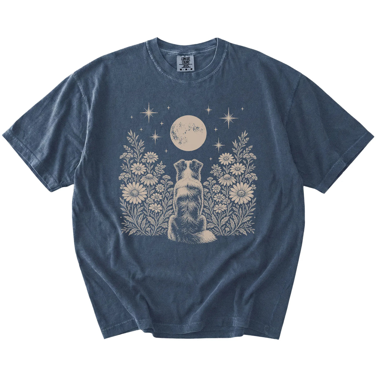 Australian Shepherd beneath a wildflower moon on a Denim Comfort Colors® T-shirt