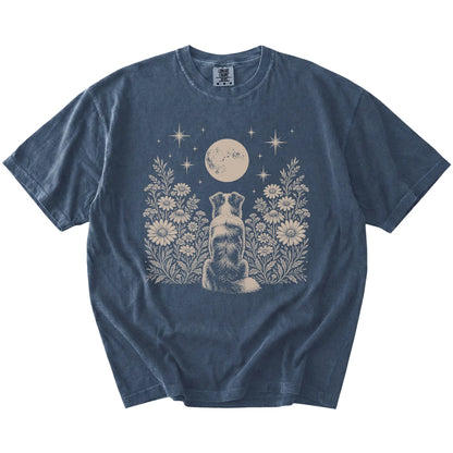 Australian Shepherd beneath a wildflower moon on a Denim Comfort Colors® T-shirt