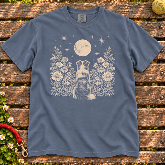 Australian Shepherd Moon Garden on a Denim T-shirt, shown flat