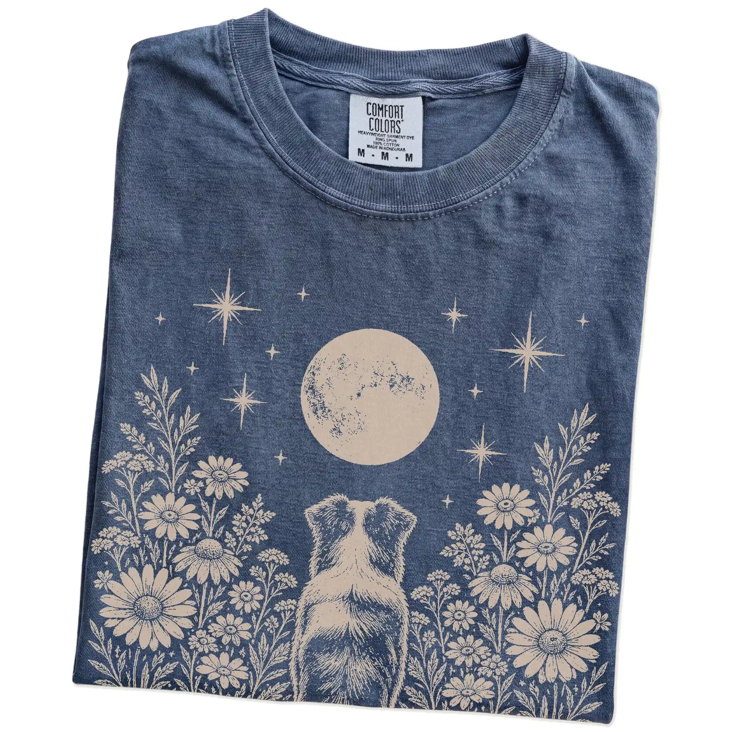 Folded Denim Comfort Colors® T-shirt showing Australian Shepherd beneath a wildflower moon