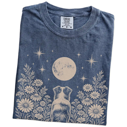 Folded Denim Comfort Colors® T-shirt showing Australian Shepherd beneath a wildflower moon