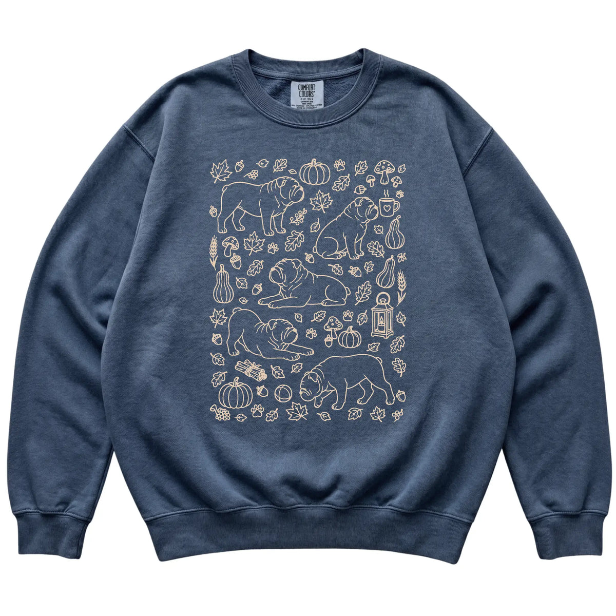 Denim Bulldog Fall Leaves shirt laid flat