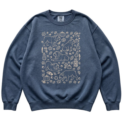 Denim Bulldog Fall Leaves shirt laid flat