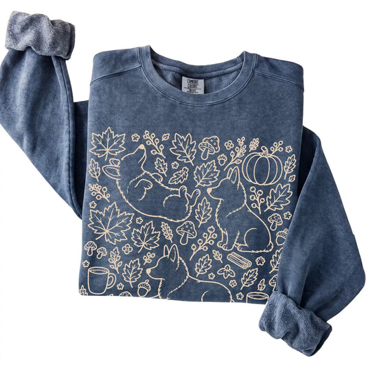 Denim Corgi Fall Leaves folded detail view