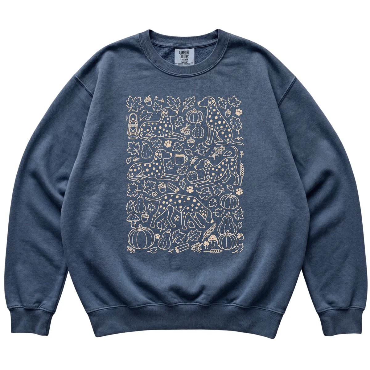 Denim Dalmatian Fall Leaves shirt laid flat