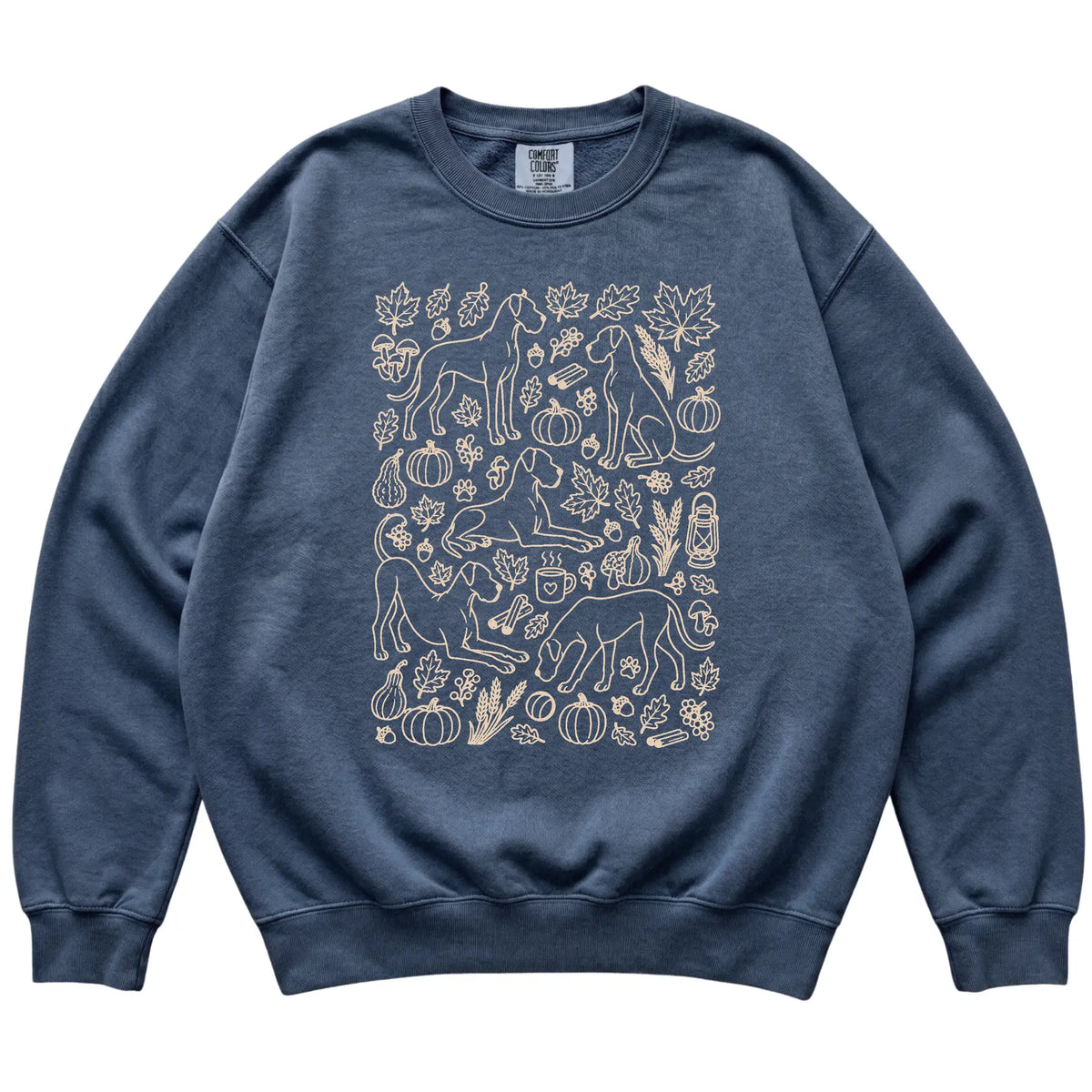 Denim Great Dane Fall Leaves shirt laid flat