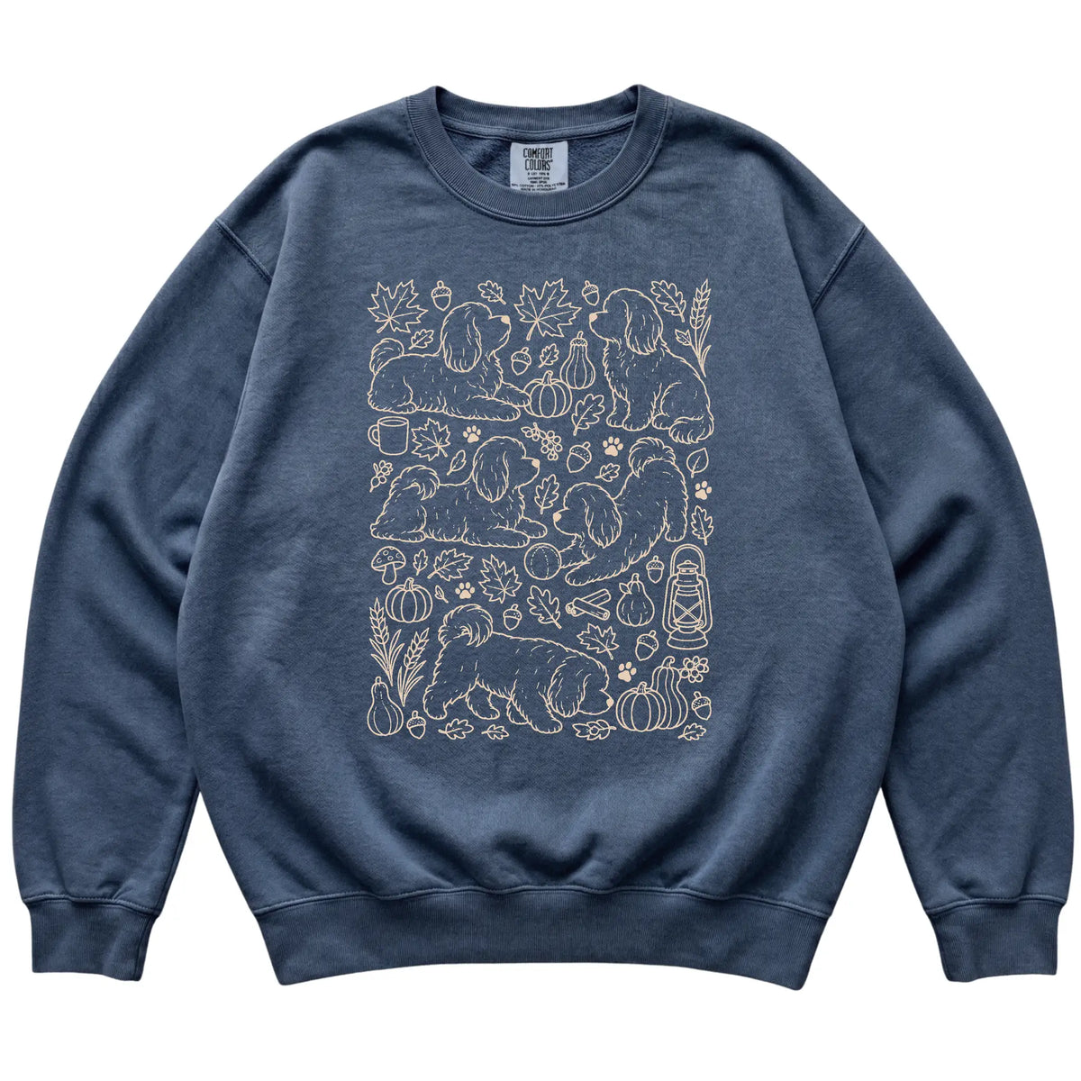 Denim Havanese Fall Leaves shirt laid flat