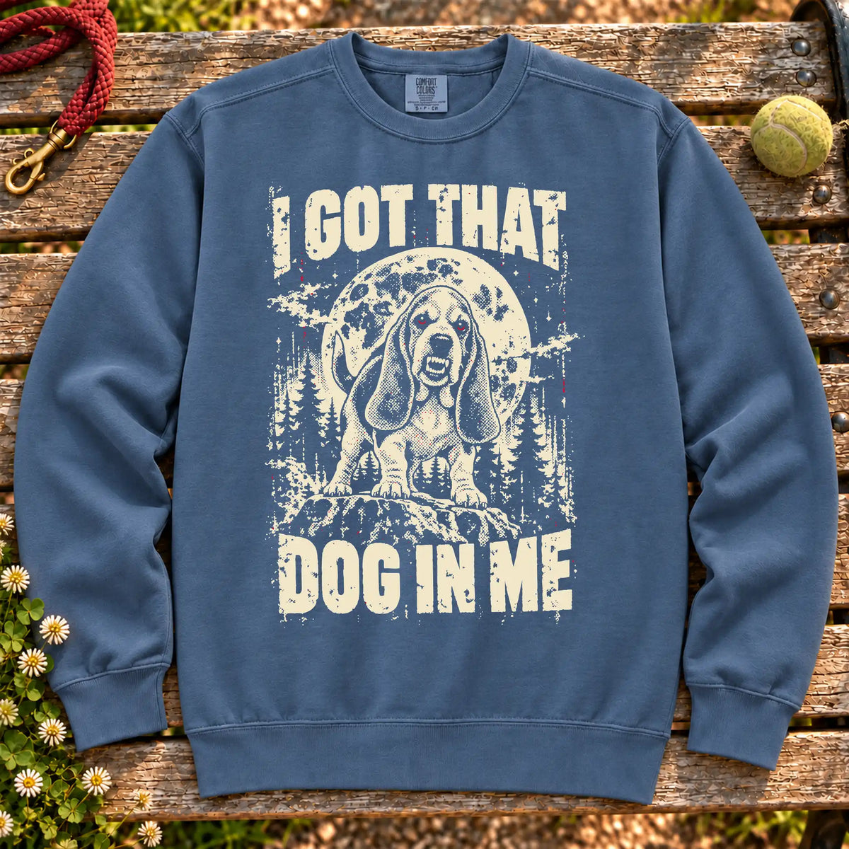 Denim Basset Hound I Got That Dog in Me sweatshirt, full garment view