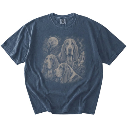 Vintage moon montage featuring Basset Hound on a Denim Comfort Colors® T-shirt