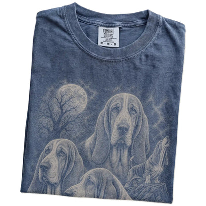 Folded Denim Comfort Colors® T-shirt showing a vintage moon montage featuring Basset Hound
