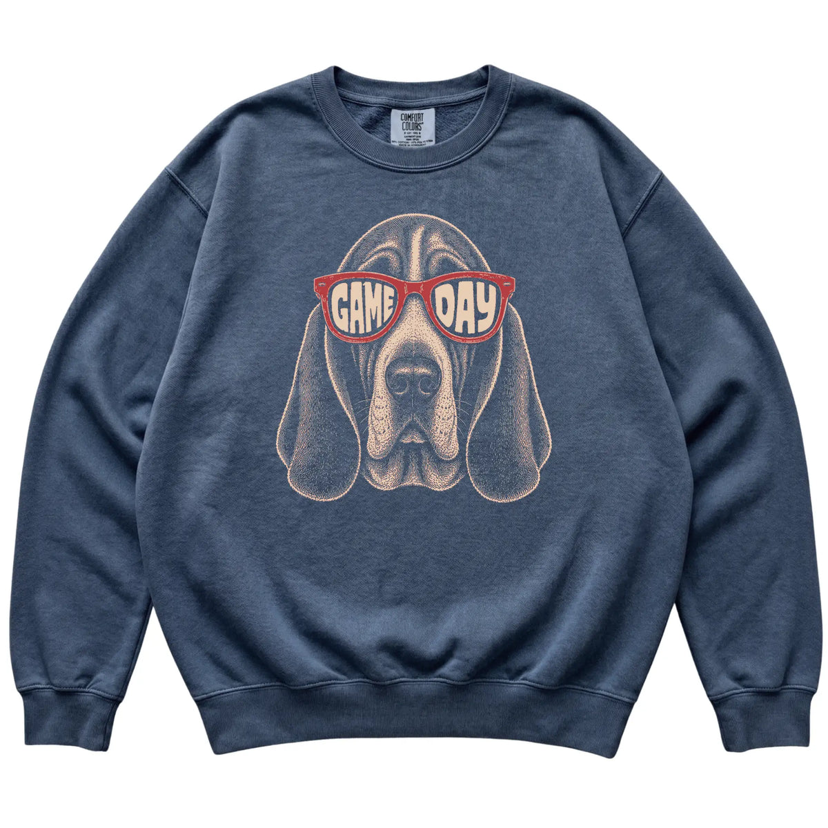 Denim Basset Hound Game Day Sunglasses sweatshirt, laid flat