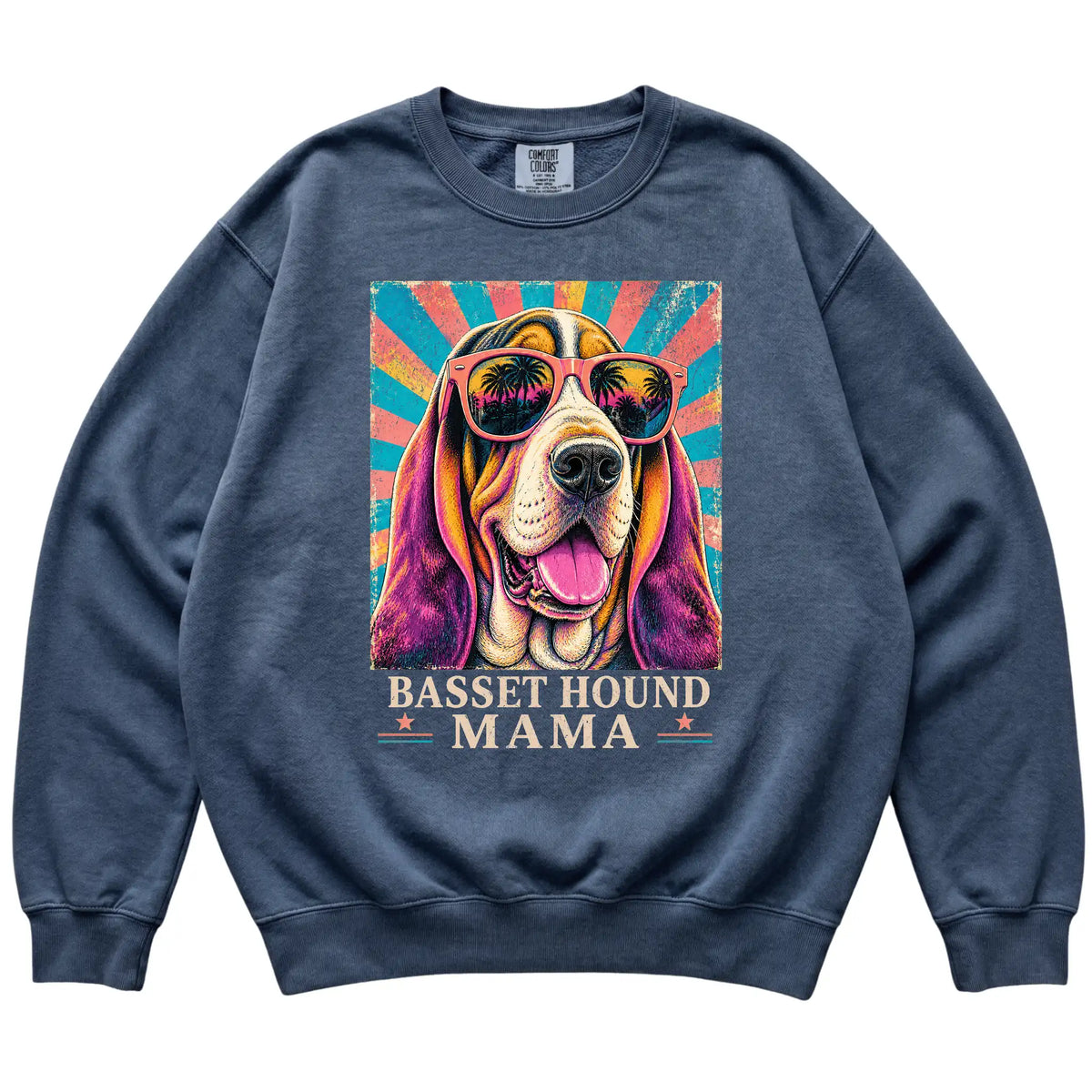 Retro Basset Hound Mama design on a Denim Comfort Colors sweatshirt