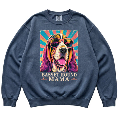 Retro Basset Hound Mama design on a Denim Comfort Colors sweatshirt