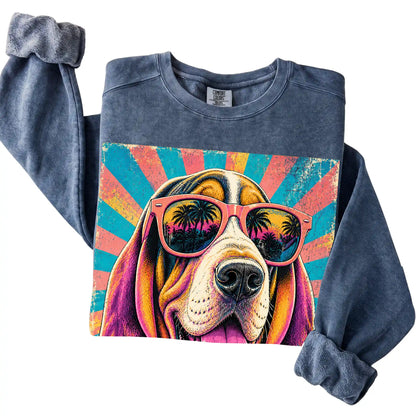 Folded Denim Comfort Colors sweatshirt with a Retro Basset Hound Mama design