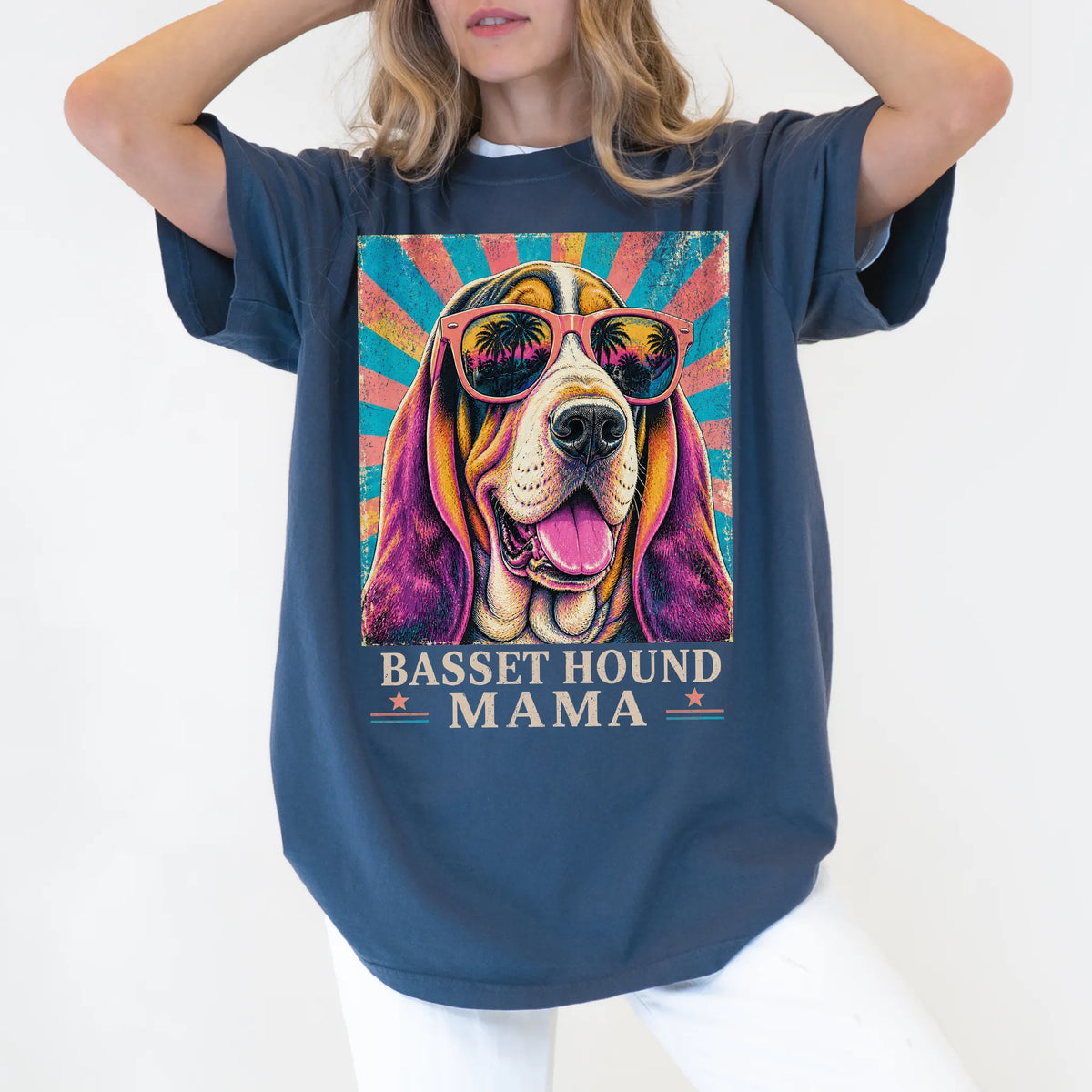 Retro Basset Hound Mama design on a Denim Comfort Colors T-shirt worn by a model