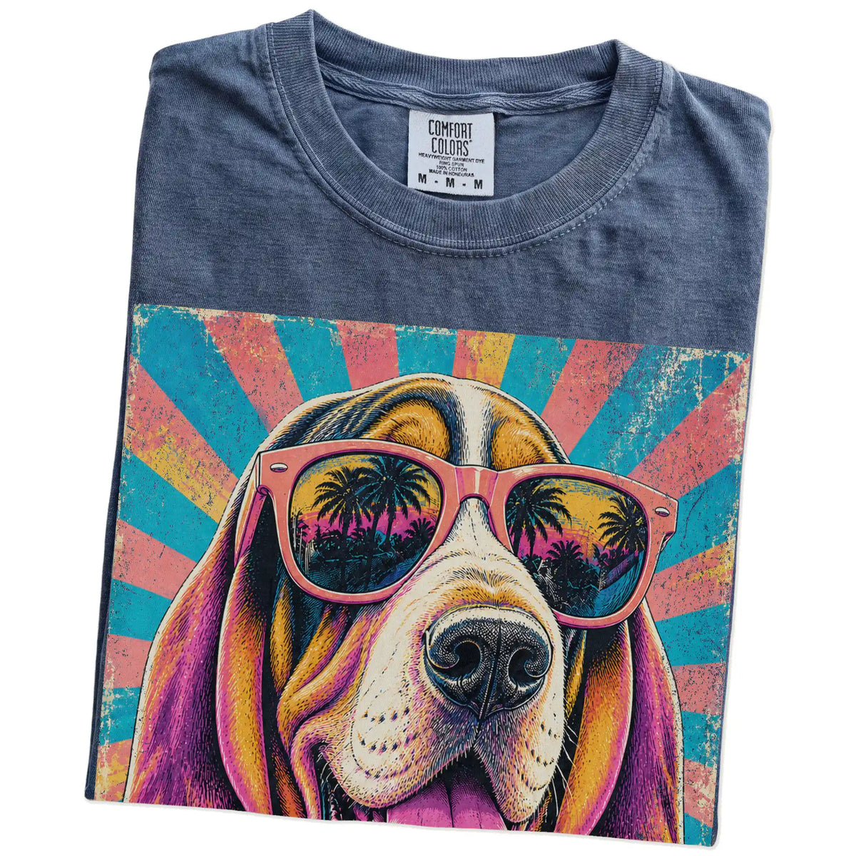 Retro Basset Hound Mama design on a Denim Comfort Colors T-shirt folded detail