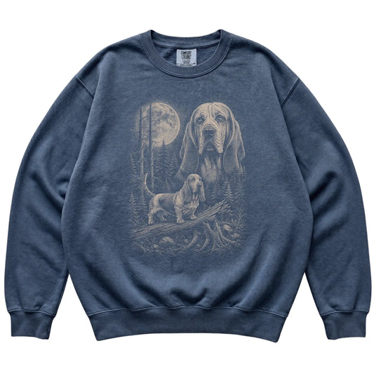 Denim Basset Hound Moonlit Forest Comfort Colors sweatshirt, flat view