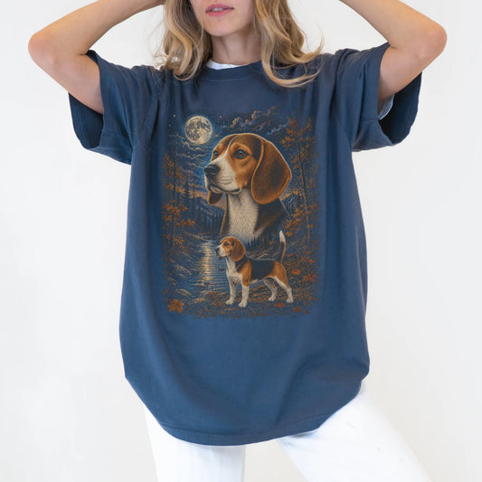 Model wearing a denim T-shirt with Beagle Autumn Moon artwork.