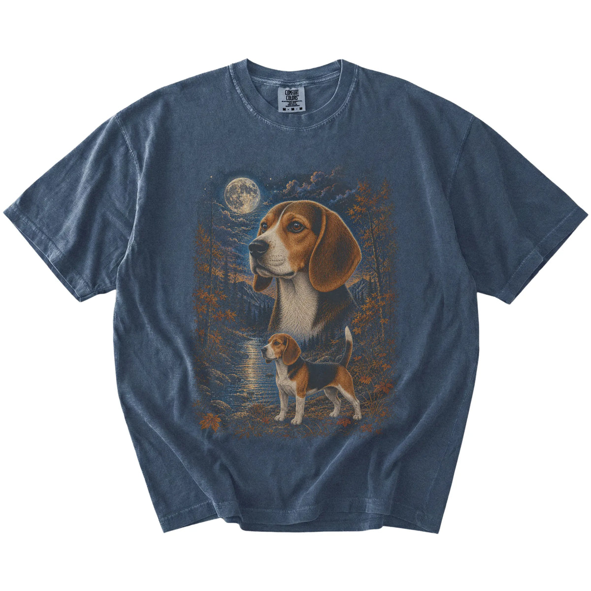 denim T-shirt with Beagle Autumn Moon artwork.
