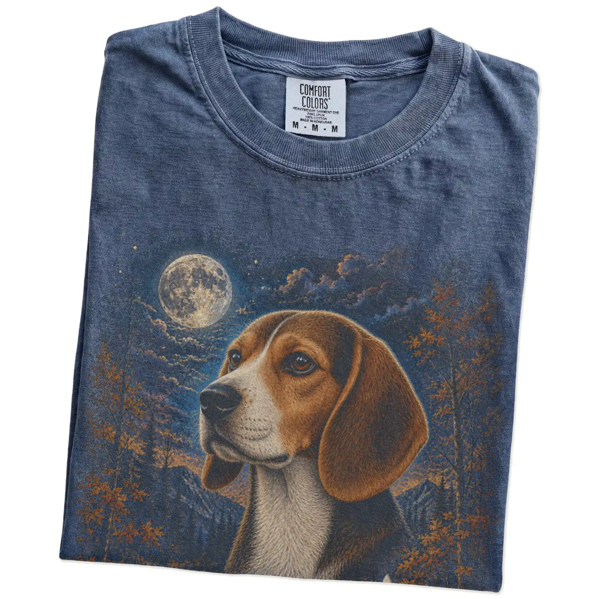 Folded denim T-shirt with Beagle Autumn Moon artwork.