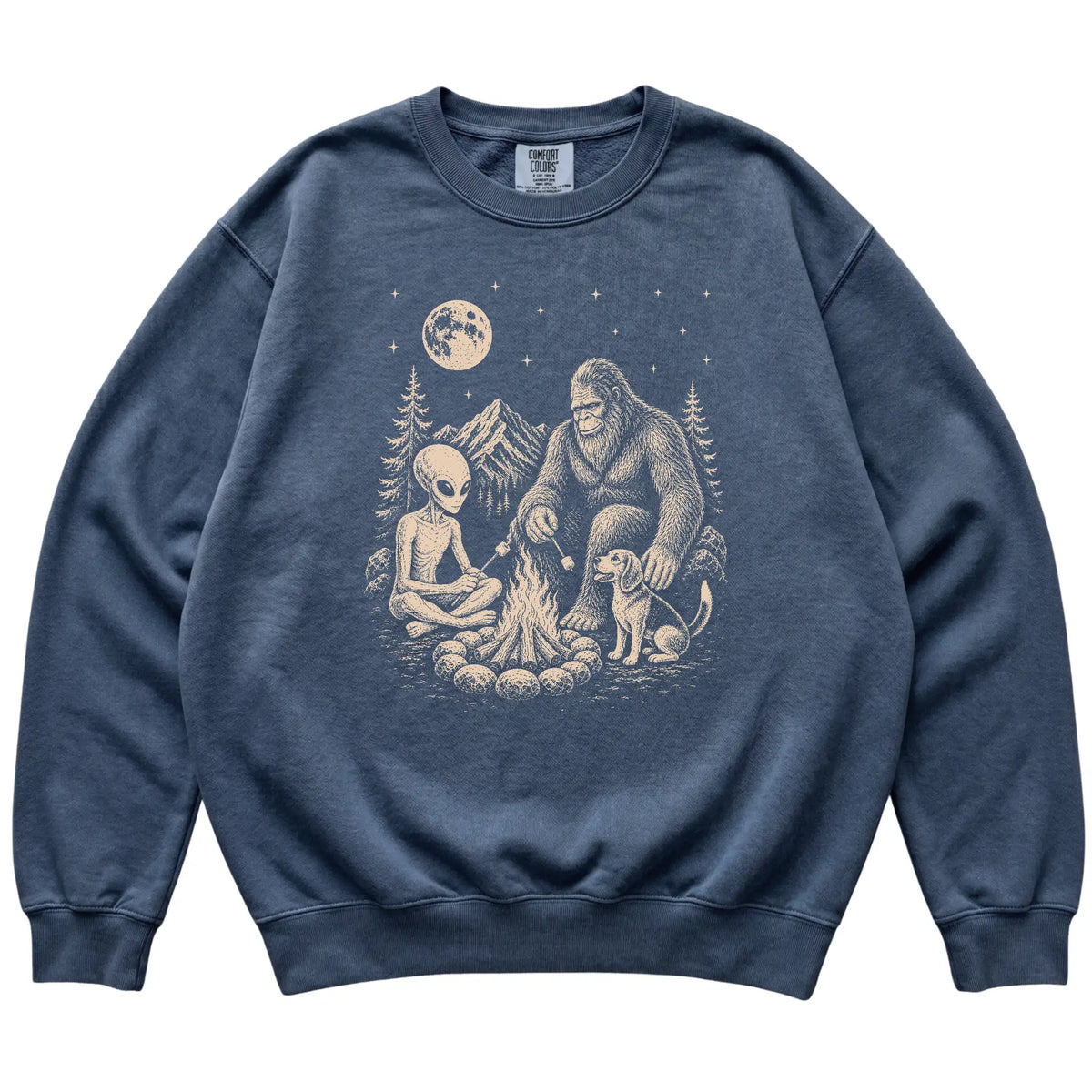 Denim Beagle Camping with Bigfoot and Alien shirt laid flat