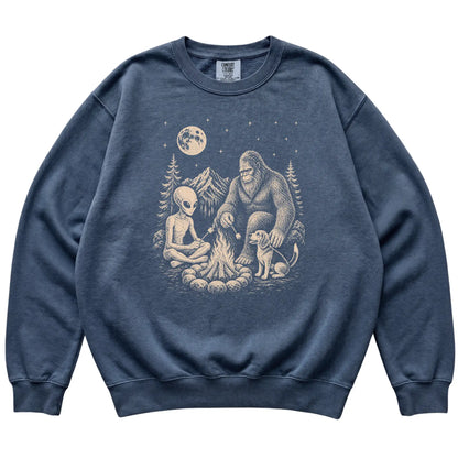 Denim Beagle Camping with Bigfoot and Alien shirt laid flat