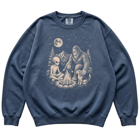 Denim Beagle Camping with Bigfoot and Alien shirt laid flat