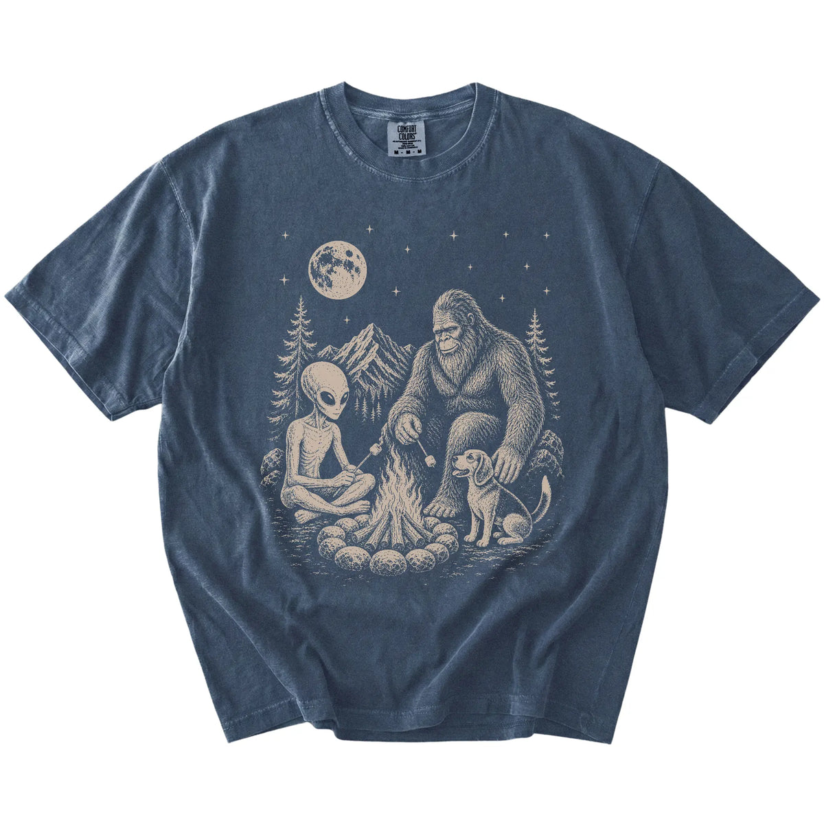 Beagle camping with Bigfoot and an alien on a Denim Comfort Colors® T-shirt