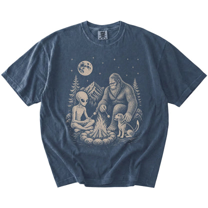 Beagle camping with Bigfoot and an alien on a Denim Comfort Colors® T-shirt