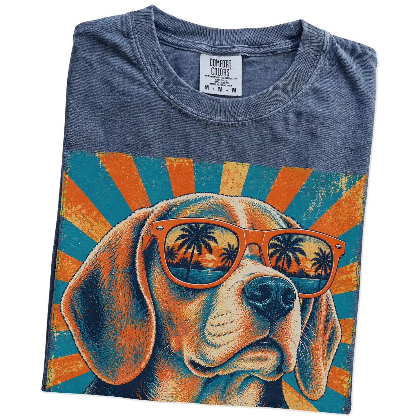 Retro Beagle Dad design on a Denim Comfort Colors T-shirt folded detail