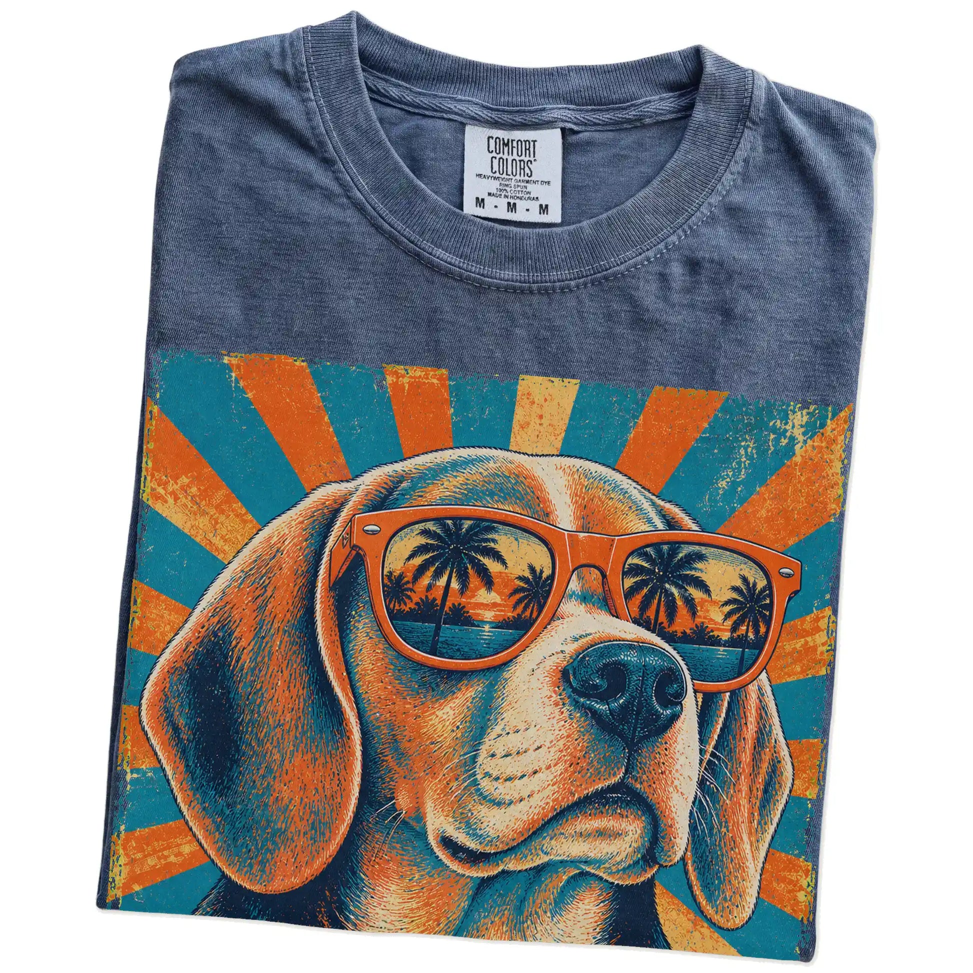 Retro Beagle Dad design on a Denim Comfort Colors T-shirt folded detail