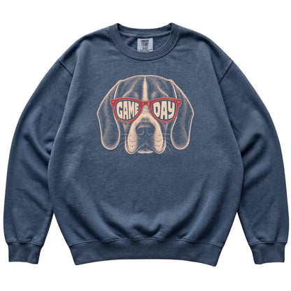 Denim Beagle Game Day Sunglasses sweatshirt, laid flat