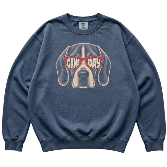 Denim Beagle Game Day Sunglasses sweatshirt, laid flat
