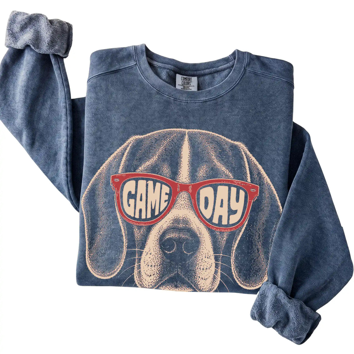 Denim Beagle Game Day Sunglasses sweatshirt, folded