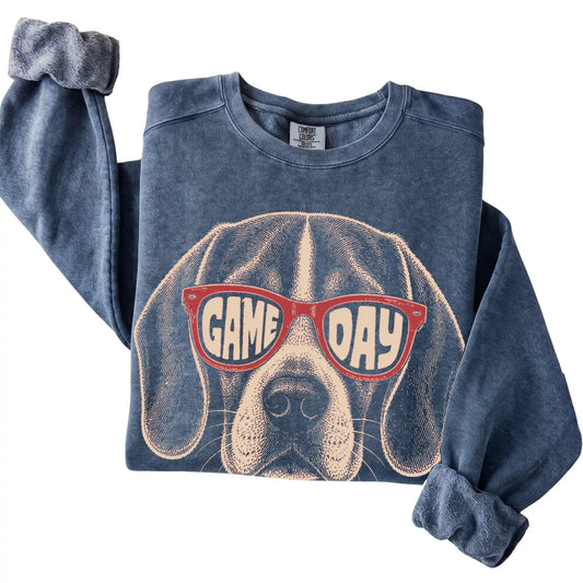 Denim Beagle Game Day Sunglasses sweatshirt, folded