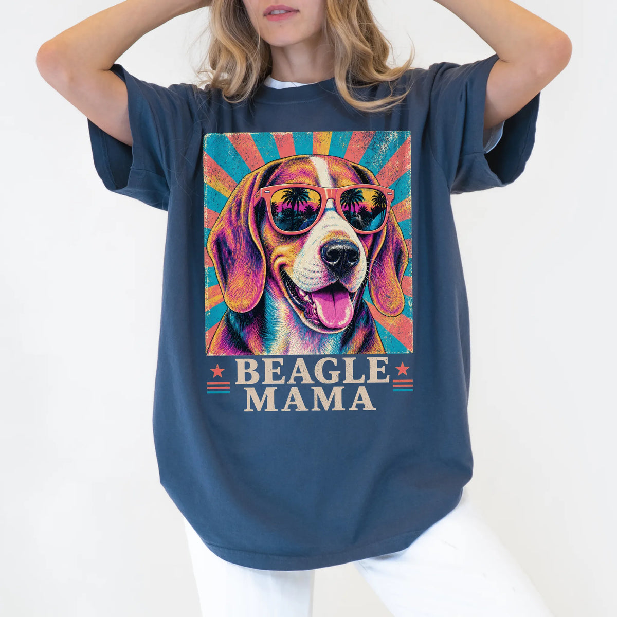 Retro Beagle Mama design on a Denim Comfort Colors T-shirt worn by a model