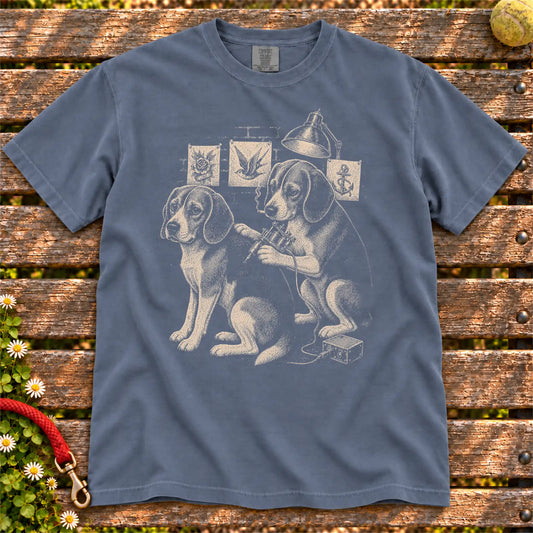 Beagle Tattoo design on a Denim Comfort Colors T-shirt, shown flat