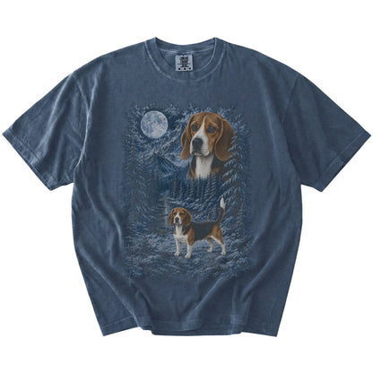 denim T-shirt with Beagle Winter Moon artwork.