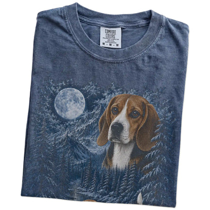Folded denim T-shirt with Beagle Winter Moon artwork.