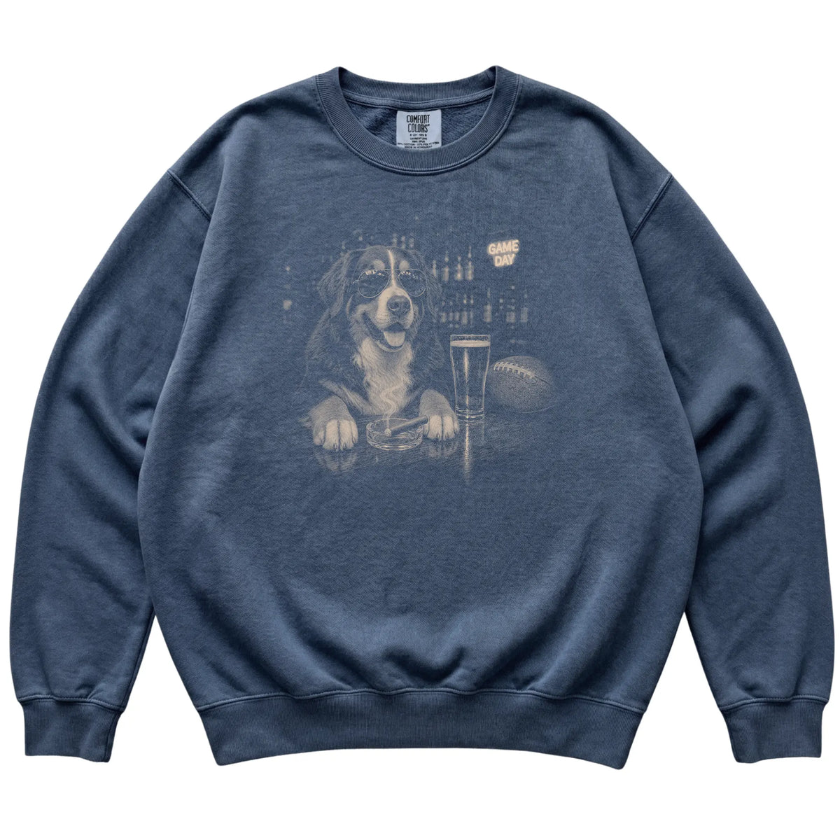 Denim Beer and Football Bernese Mountain Dog sweatshirt, laid flat