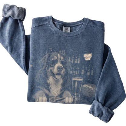 Denim Beer and Football Bernese Mountain Dog sweatshirt, folded