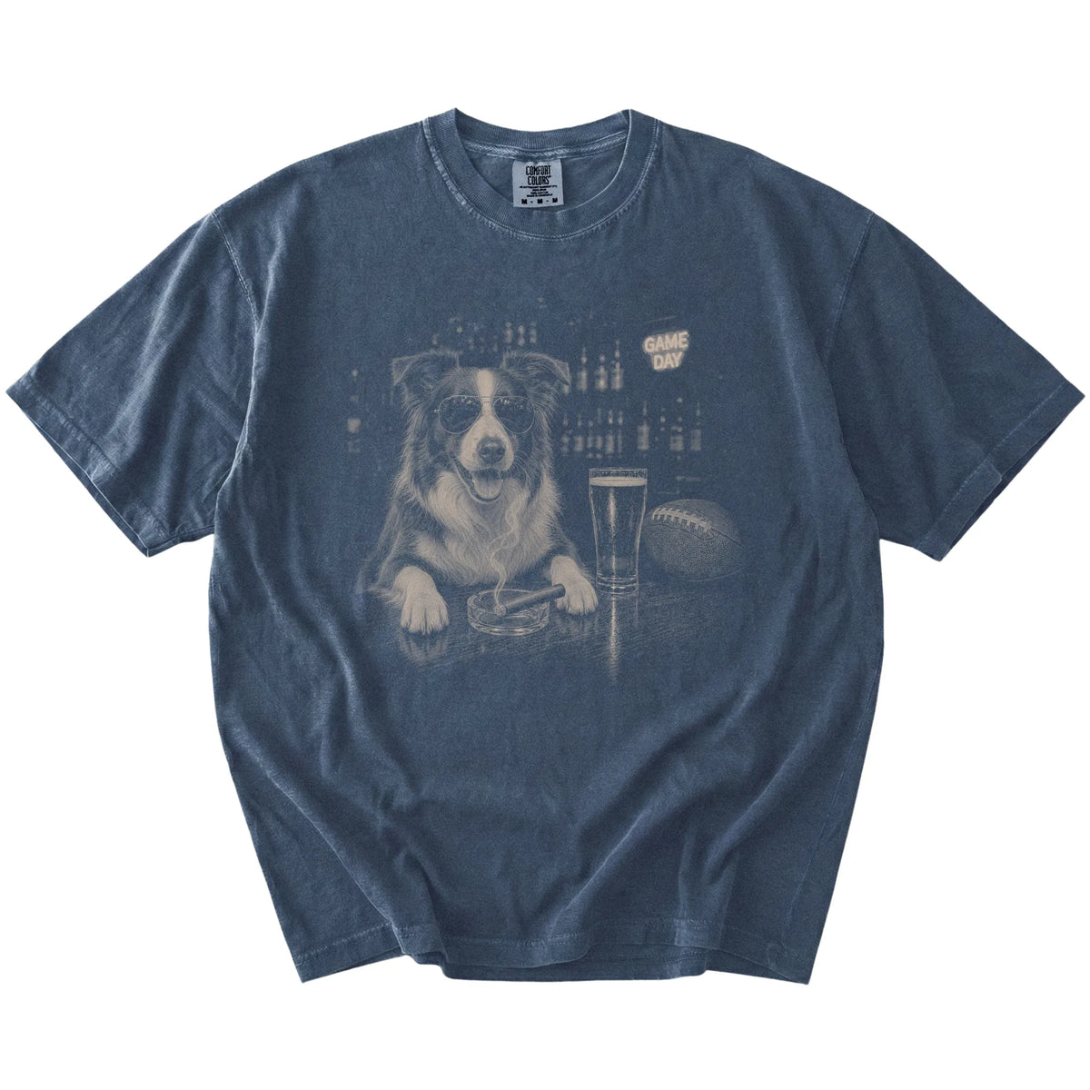 Border Collie with beer and football graphics on a Denim Comfort Colors® T-shirt