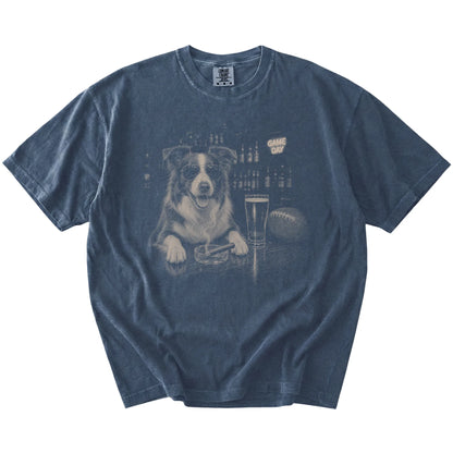 Border Collie with beer and football graphics on a Denim Comfort Colors® T-shirt